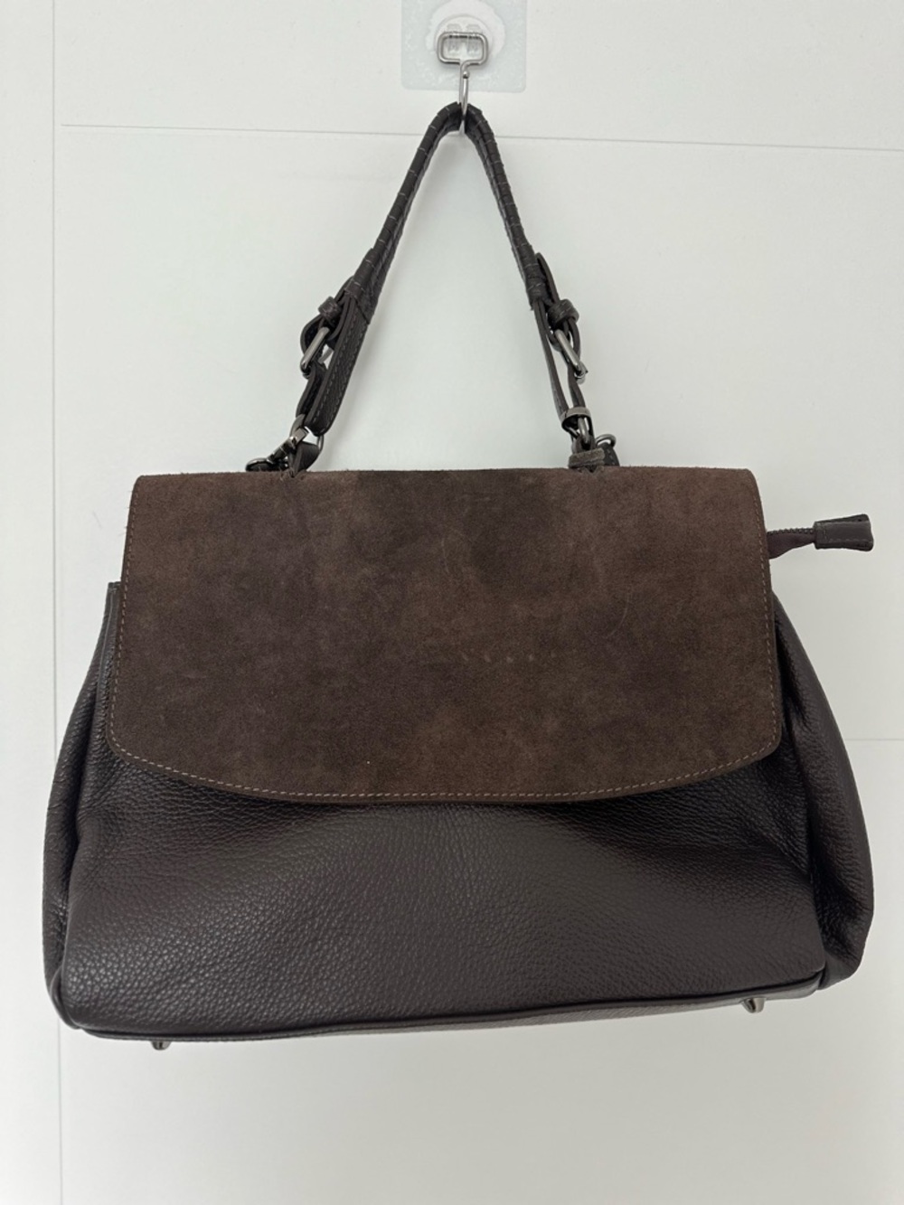Genuine Leather Italian Handbag Brown Suede Flap Satchel Made in Italy